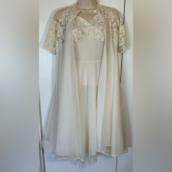 Antique Eyeful By Flaums Bridal Peignoir Sheer Chiffon Overlay English Lace Sz S - Picture 3 of 16